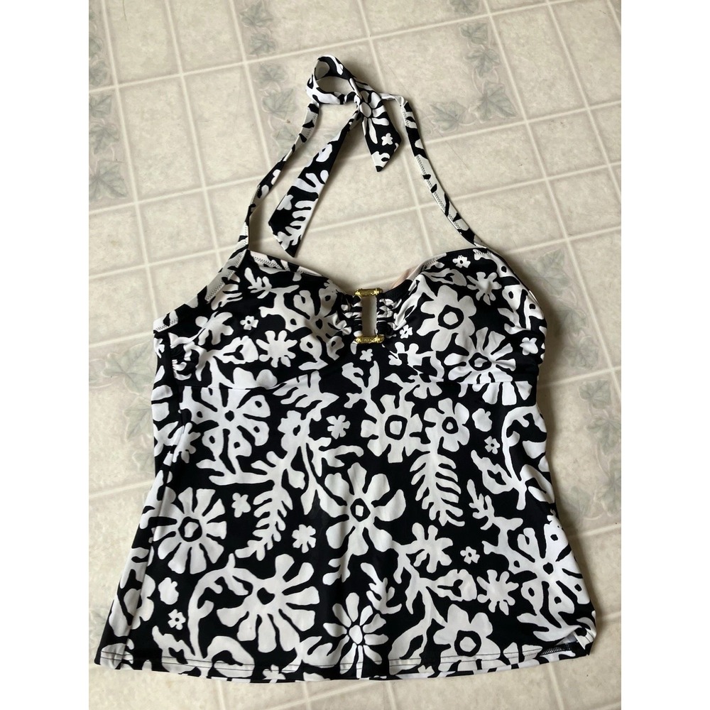 Lands End Black and White floral Halter Top with Gold Buckle 361012 Softβ Cup